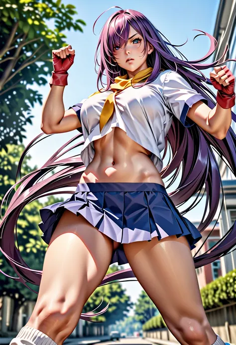 plant,   purple hair,  hair over one eye,  very long hair,uniforme escolar,Ultra mini skirt, fingerless red gloves , Waist,navel, loose socks,  , yellow scarf, toys, loafers, Big breasts,  perfect hands  , perfect finger, perfect anatomy ,  masterpiece,  b...