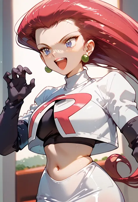  Masterpiece, high resolution, top quality,8k
(jessie) (team rocket uniform,cropped jacket,elbow gloves,navel,miniskirt,white skirt)( excited)