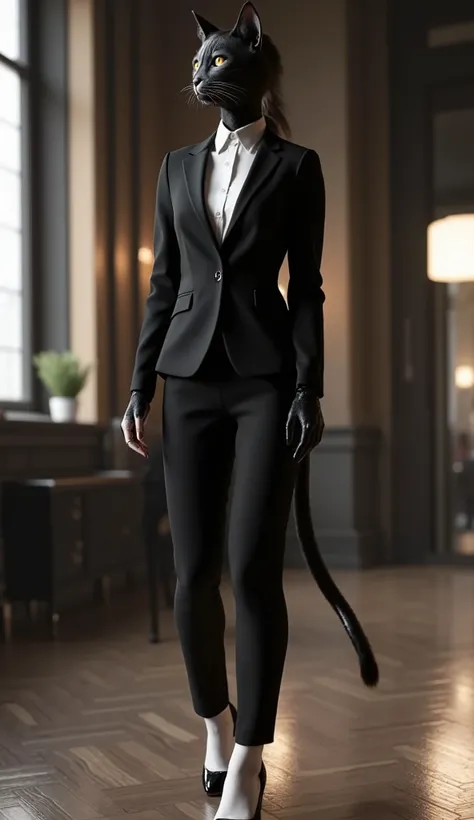 A full-body shot of a cat-human hybrid woman with feline ears and a sleek tail, wearing an elegant black suit tailored to fit her slender yet graceful figure. She is dressed in a well-fitted black blazer with matching trousers, paired with a crisp white sh...