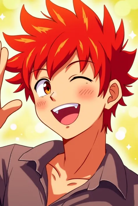 cheerful smiling guy with red hair in full growth waving his hand in anime style