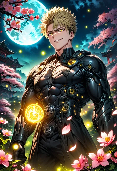 absurdres, highres, ultra detailed, HDR, master piece, best quality, Genos, expressive yellow eyes, ash-blonde hair, one punch man, solo, man, handsome, moon, fireflies, blossoms, spring, pink flowers, (focus new year background) , (smirk) 