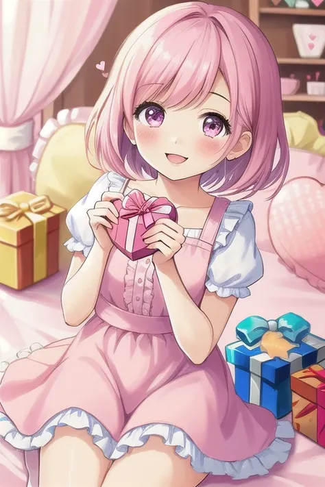 Top quality, high resolution, detailed, beautiful picture quality, one girl, cute pale pink dress with frills, short hair,  lolicon feeling, smiling face, cute design based on pink, overall sweet and dreamy atmosphere, hearts and gift boxes are drawn in th...