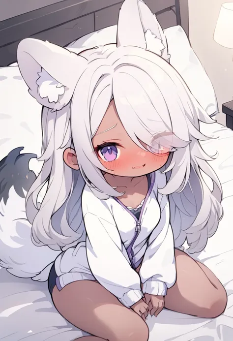 sitting on the bed,spread legs,hand between legs,from flont,cowboy shot,darkskin,small breasts,(big butt:1.2),(Alone:1.3),white cardigan,sweatpants,half undress,white hair,parted bangs,animegirl,(curvy),eyes visible through hair, grey hair, hair over one e...