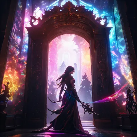  Dark Fantasy Doors that Open in the Bright Side ,  Sparkling Fantasy World , Glowing Backlight ,  Translucent Holographic Lighting that Penetrates the Interior,  Colorful Lights Adding Vibrancy to the Background ,  Avoiding Perfect Silhouettes , Very stro...