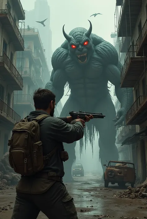 An image shooting his gun at the monster in the street 