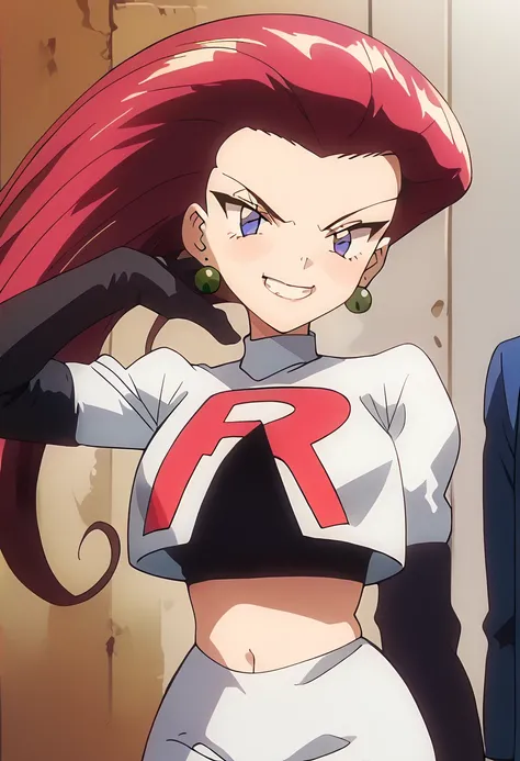  Masterpiece, high resolution, top quality,8k ( takeda hiromitsu style)
(jessie) (team rocket uniform,cropped jacket,elbow gloves,navel,miniskirt,white skirt)( grin )