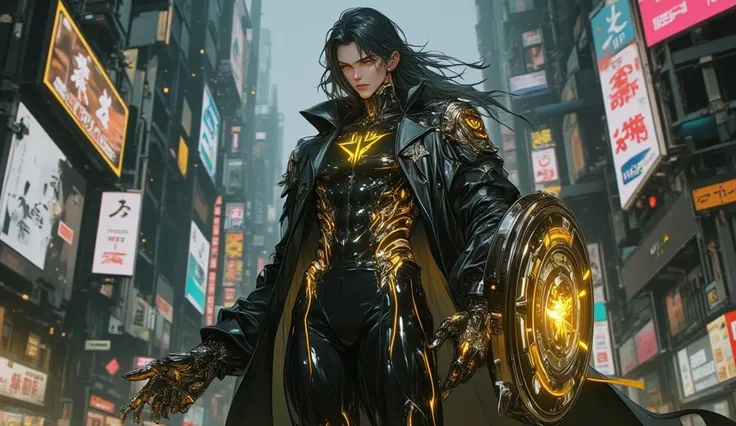 AI man with cybernetic full black body with shining gold lines, very tall, long legs, and a slender waist. glowing Yellow eyes, long flowing black hair. Alluring, looking directly at the camera. Giant ultrafast dichroism and birefringence with an active no...