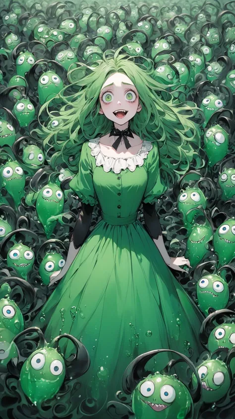    Tim Burton's style、 A sea of green soda, hysterical woman,