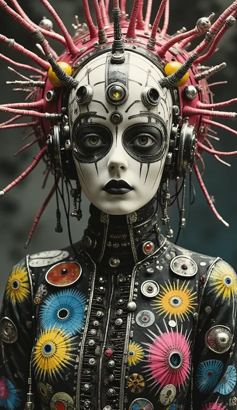 Cyberpunk humanoid robot cybernetic jellyfish female face skull peacock bird, kimono outfit, very colorful, determine looks, hypermaximalist, elegant, super detailed, 32k, insanely detailed and intricate, Photography, Photoshoot, Shot on 70mm lense