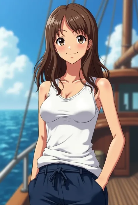  Screenshot of one piece , girl long brown hair, light brown eyes, Morena y has a happy expression . He's wearing loose navy blue pants and a tight white sleeveless t-shirt and in the background he's on the boat