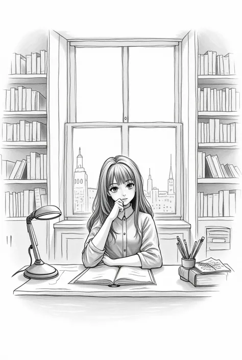 create a pencil sketch of a room of a  brainy girl. the room should be basic yet symbolize she loves books or brainy. and a window that shows a city view. no crowded room
