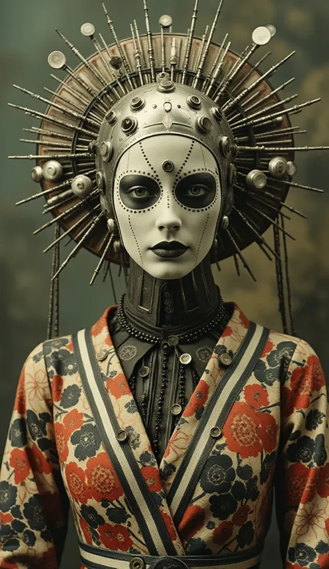 Cyberpunk humanoid robot cybernetic jellyfish female face skull peacock bird, kimono outfit, very colorful, determine looks, hypermaximalist, elegant, super detailed, 32k, insanely detailed and intricate, Photography, Photoshoot, Shot on 70mm lense