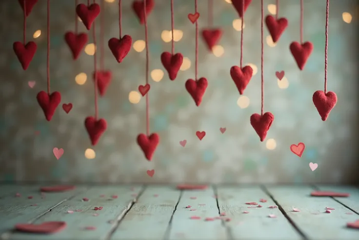 there are many red hearts hanging from the wall on the wall, a picture by Emma Andijewska, pexels, folk art, red hearts, fotografia, many hearts, hearts, falling hearts, several hearts, still life photo of a backdrop, 4 0 9 6, lovely, bokeh”, bokeh ”, rust...