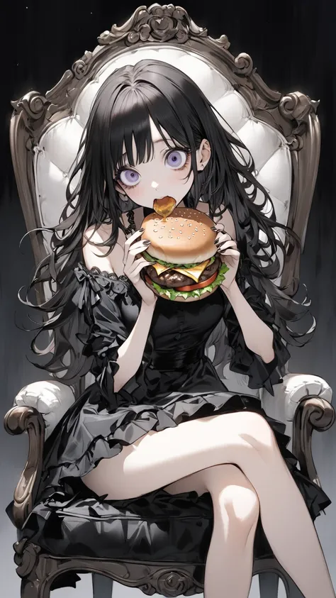    Tim Burton's style、 I'm sitting on a chair and eating hamburger steak, woman,