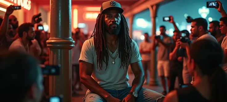 arafed man with dreadlocks sitting on a porch with a baseball cap next tl posing in front of the club with paparazzis and media