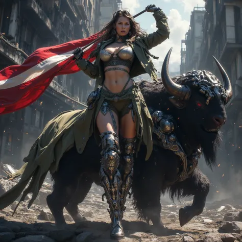 A sexy female soldier of the USA wearing an open army jacket has big and beautiful breasts, holdinga USA flag riding a bison in an armor cape, set in a ruined city