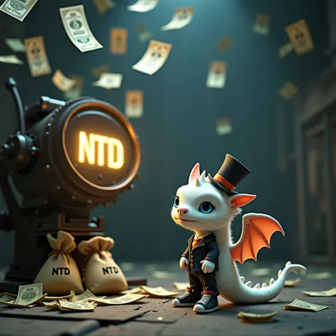 In the room of the abandoned printing house there is a machine for printing money, which magically glows. Forms with the inscription "NTD" fly out from the machine in different directions. In front of the machine stands an adorable little white dragon, cov...