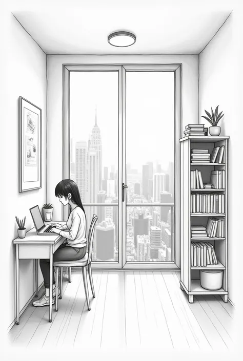 more  like decor of create a pencil sketch of a room of a  brainy girl. the room should be basic yet symbolize she loves books or brainy. and a window that shows a city view. no crowded room
