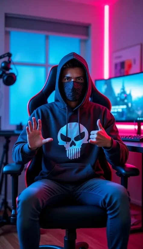 An indain man siting confedentilly on modern gaming chair in his youtibe studio he is wearning a bright hood with Secret xplorer body printed on its face is clearly visible and empresive despite wearing a sleck and black covid 19 mask the man is geusturing...