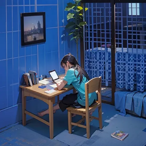 1girl, Solo, From Behind, sitting, studying in bed room. Full body.