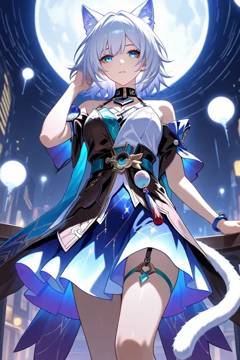 cipher (honkai star rail), 1 girl, white cat tail with a dark tip, cat ears, short hair, white hair, tails on the front of the hair, blue eyes, night background,