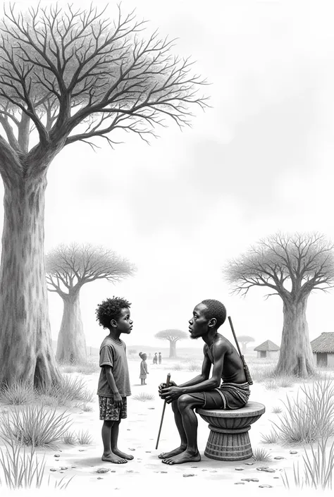 Dessine en noir et blanc :
*Un village africain entouré de baobabs majestueux aux troncs noueux et aux branches étalées. Au centre, un jeune garçon aux yeux grands ouverts et à la posture attentive se tient près d’un vieil homme assis sur un tabouret sculp...