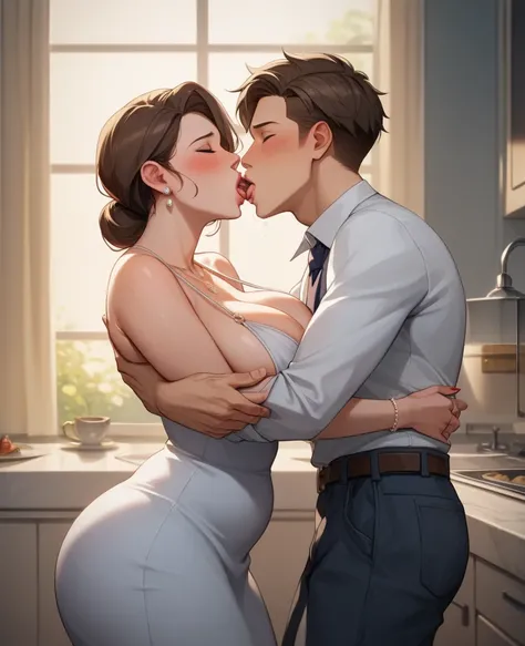 1girl, 1boy, anime , curvy women , huge , dress white, She loves sex, Cheating wife, big boobs، mother, stepmother، sex hungry، Shy woman، Her breasts are high on the boy 50 year old mother، Hugging his mother، They are standing in the kitchen، My husband ...