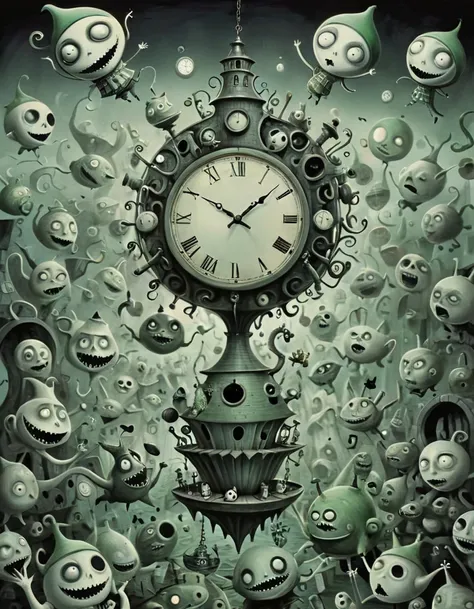  black and white (Pencil sketch:1.1), Tim Burton style の館の迷宮のような廊下の中で,  have a clock with faces and hands hanging on the wall ,  each depicts a different time period in a surreal world . Eccentric residents unfold like ,  wear dazzling geometric costumes ,...