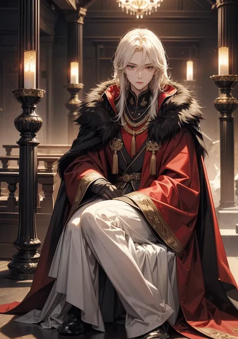  top quality。 detailed depiction of up to the front door。The solemn throne in an old castle。 cool and handsome adult man、((One adult man ))。 well-groomed 。Bangs over ears and casual, rough hairstyles、((male medium hair))、(( pale white blonde with a tin can...