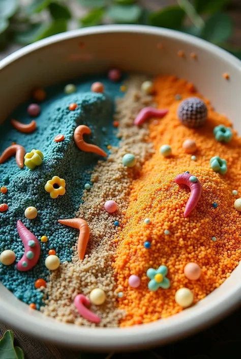 A big flat messy play bowl with Coloured  Rice one side and Moon Sand one side with Coloured Pasta and some Oatventure with little worms
