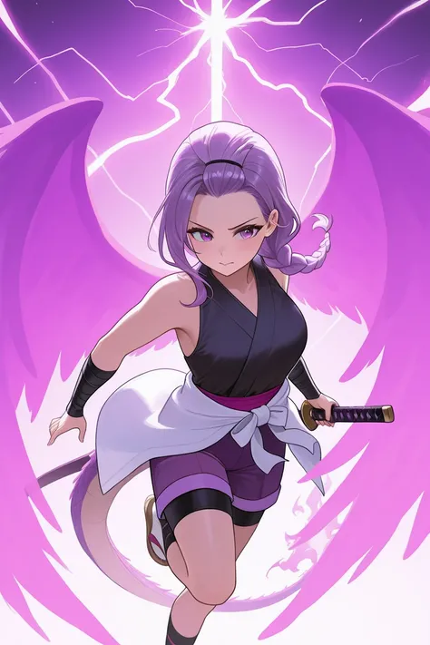 Anime girl jumping from heaven. Her hair is pulled back in a high braid, she is wearing a white kimono jacket and purple shorts, and she has a dragon tail. She has wings. He swings his sword, sword in both hands. Lightning is flying from under the wings. E...