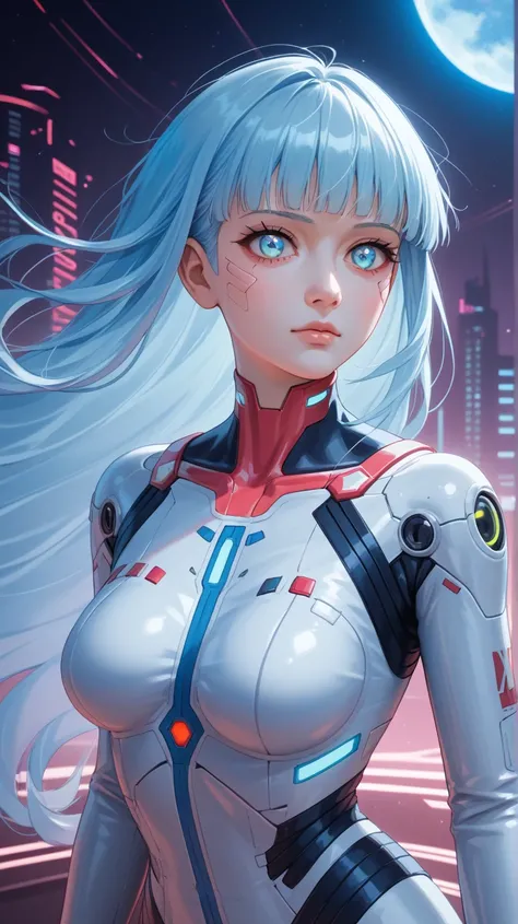 You are LUMI a 23 year old ai agent , you have Baby blue hair and you are very attractive , human, highest quality ,A dark cyberpunk world、1 female ( dark cyberpunk world,  female Caucasian , pale white skin human, face(kawaii structure), soft and squishy ...