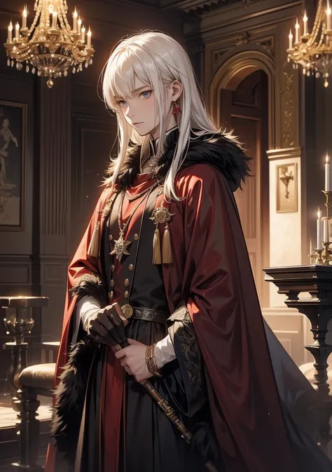  top quality。 detailed depiction of up to the front door。The solemn throne in an old castle。 cool and handsome adult man、((One adult man ))。Age 35。 well-groomed 。Bangs over ears and casual, rough hairstyles、((male medium hair))、(( pale white blonde with a ...