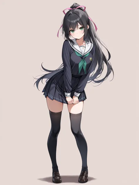 ((masterpiece, best quality, extremely detailed)), 1girl, black hair, long hair, ponytail, green eyes, hair ribbon, school uniform, black thighhighs, standing, looking at viewer, full body, no cropping, simple background,