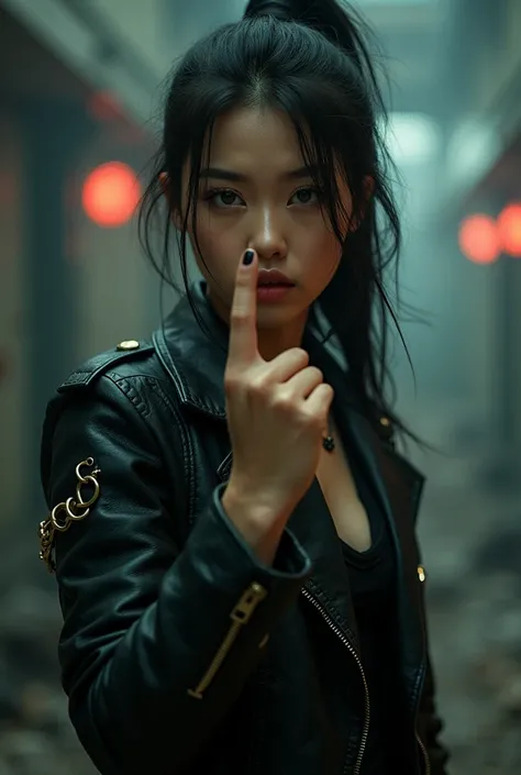 Generate Korean woman in black biker jacket showing middle finger realist 