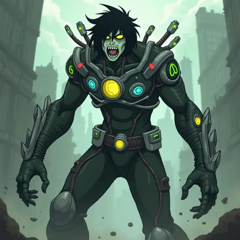 Monstrous male zombie villain, Black hair. Pale white-light greenish skin. Black and silver exo suit with a yellow terminal display. Tubes filled with green, blue, and red fluid. Fit. Roaring. Steven Universe. Yugioh. Digital art. In a ruined city.