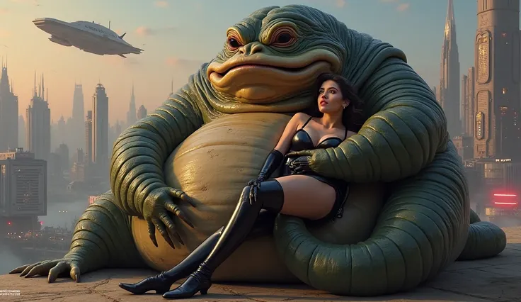 Fat Jabba Hutt hugs and watches A real realistic heroine dressed as a cat with open and inflated big breasts . Glowing space skyscrapers in the background, futuristic flying ship, evening.