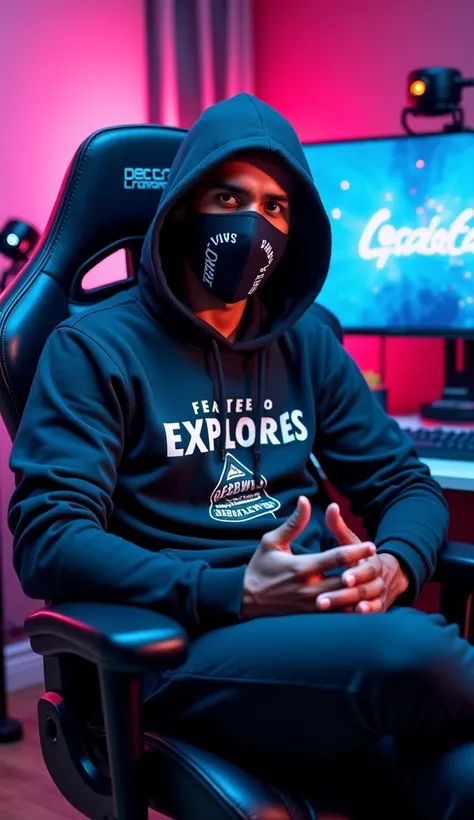 An indain man siting confedentilly on modern gaming chair in his youtibe studio he is wearning a bright hood with Secret xplorer body printed on its face is clearly visible and empresive despite wearing a sleck and black covid 19 mask the man is geusturing...