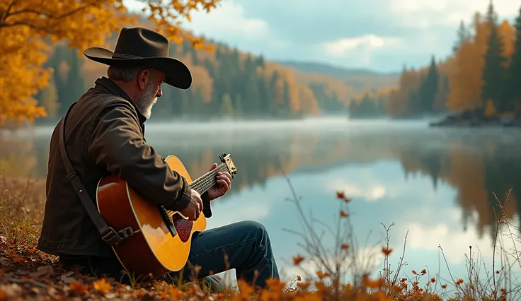 "A hyper-realistic, cinematic image of a cowboy sitting by a peaceful lake, surrounded by autumn trees reflecting in the calm water. He wears a worn cowboy hat and a brown leather jacket, his back facing the viewer as he strums an acoustic guitar. The gold...