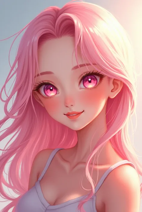 A young and smiling pretty girl with long light pink hair and light pink eyes