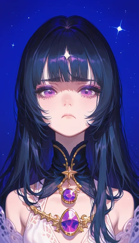 ステンドグラスのstar空,star, girl with black hair, long hair, wolf cut hair,night,gem, Eyeliner, purple eyes, sad expression to tears