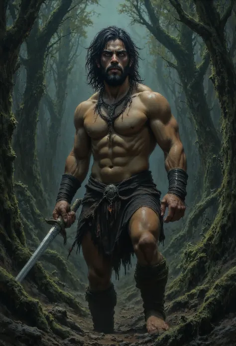 epic fantasy art, super fine illustration, High resolution, Super detailed, masterpiece, 1 male, barbarian, Conan the Barbarian, alone, adult, mature, tall and muscular man, broad shoulders, (((good looking:1.5))), long messy hair, black hair, ((beautiful ...