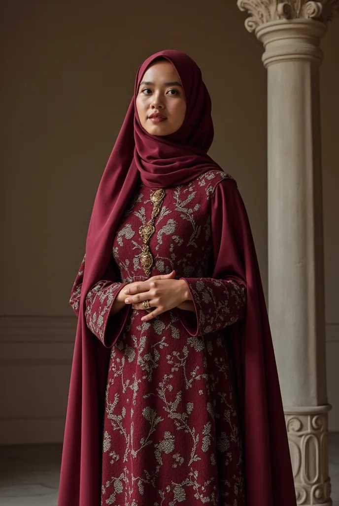 create a full image of an elegant and beautiful design of baju kurung in burgundy colour decorated with bead and knitted, the model wearing hijab in burgundy and white color, a burgundy shawl on her shoulders. red shoes, masterpiece, ultra hd, 