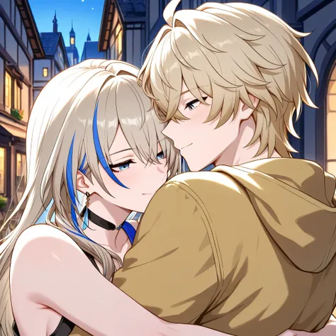 Love couple, Serval Landau and Gepard Landau, Honkai Star Rail, human, hugging each other, town in background, masterpiece, best quality, High resolution