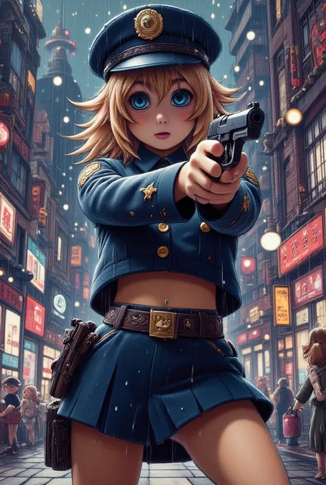 female 1 person, American Beauty, SO BEAUTIFUL, facial beauty, blue eyes, standing, New York Police Uniform, miniskirt, Navel exposed, golden hair, night city, backlight, the wind is blowing ,It's raining, he's staring at his muzzle, thigh upshot ,Point a ...