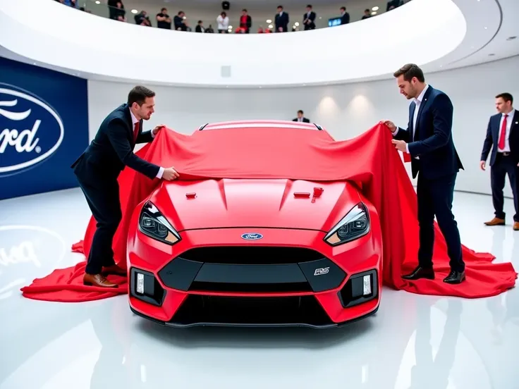 A futuristic (2025 ford focus Rs) is being revealed in a modern and luxurious showroom. The full modified car is a vibrant (red) accents, highlighting its bold and aggressive design. Two people, a man and a woman dressed in formal attire, are removing a la...