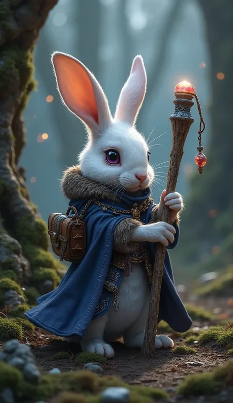  had 3049 characters ！ adjust to fit within 1400 characters。

A hyper-realistic, photorealistic rendering of a tiny, rabbit-like sorcerer, standing no more than 1 to 2 inches tall. Its snowy white fur, tinged with earthy brown, blends seamlessly with the f...