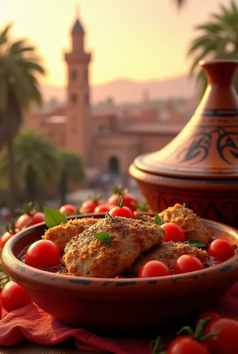 Rice tajine with tomatoes and chicken and a mosque next door in Morocco 