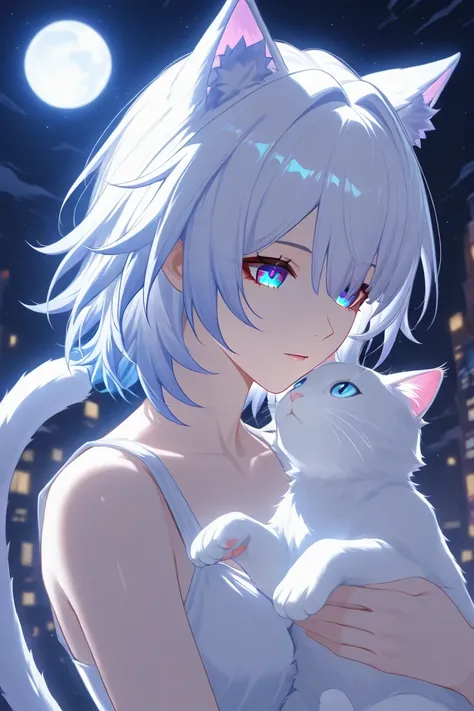 cipher (honkai star rail), 1 girl, white cat tail with a dark tip, cat ears, short hair, white hair, tails on the front of the hair, blue eyes, night background,