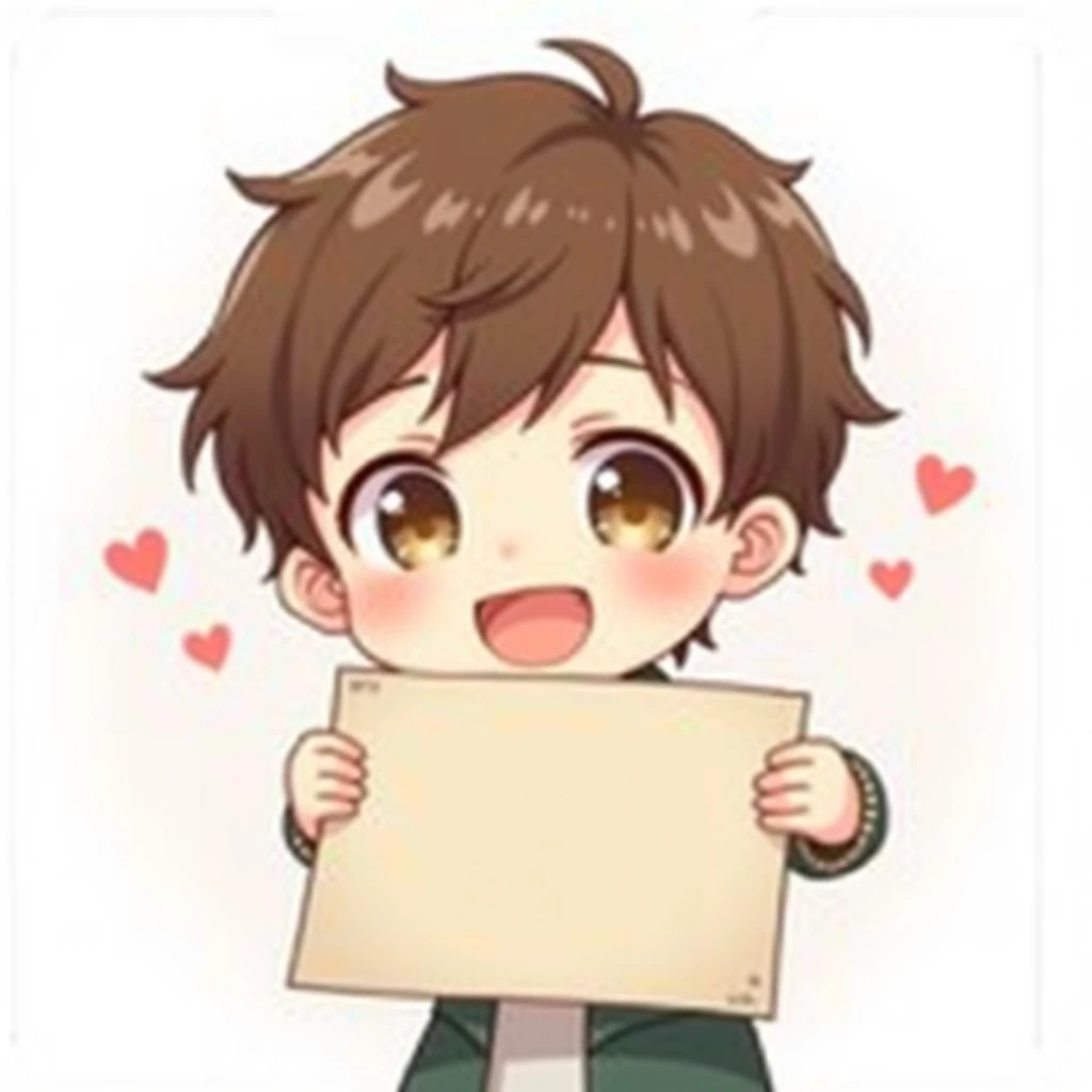 in love, emote, anime guy, cute, raccoon, ((portrait)), white background, kawaii, brown hair,Hand raising a Placard , chibi style, full chibi